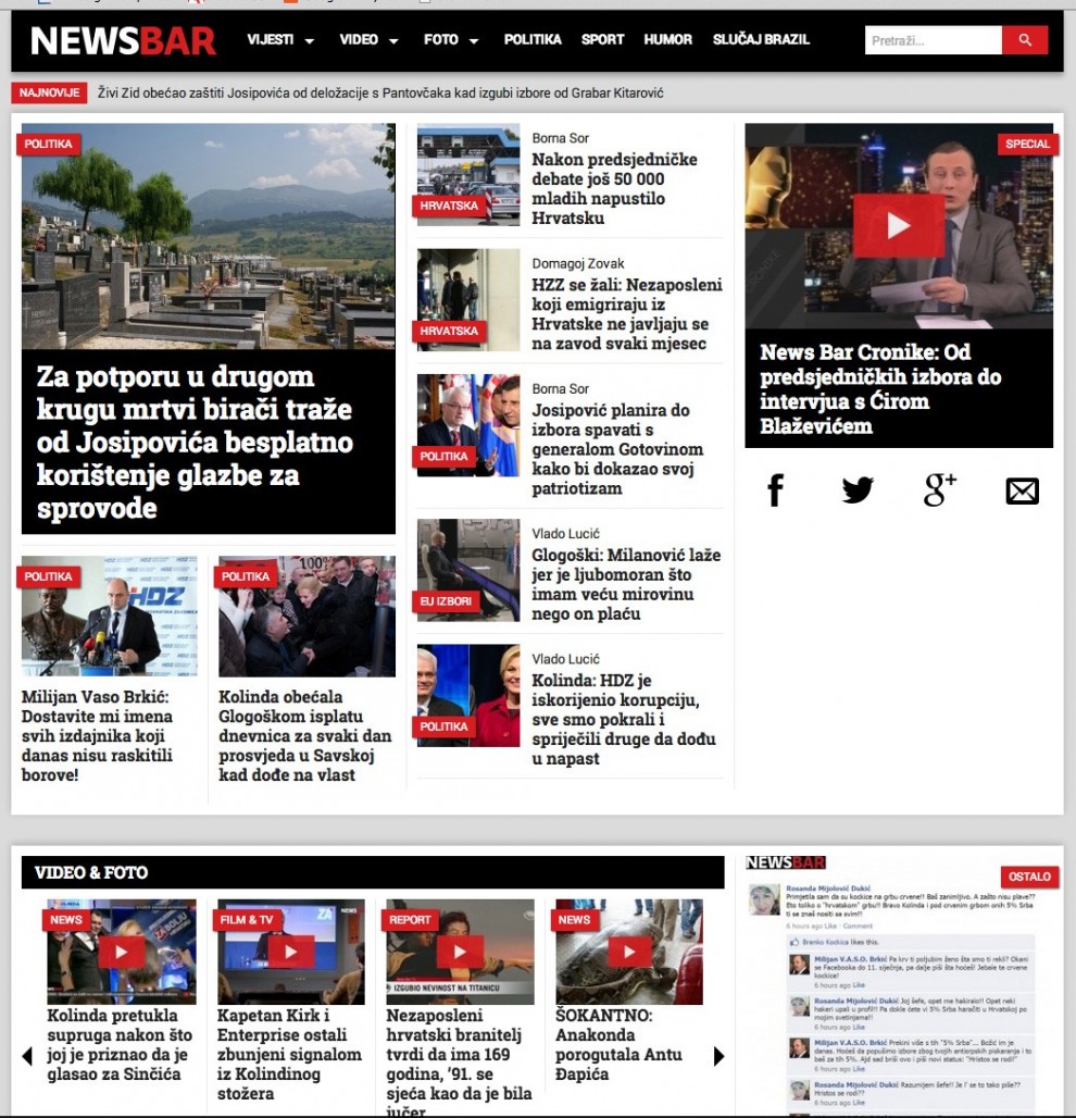 News Bar naslovnica 7.1.2015. glavna tema su predsjednički izbori